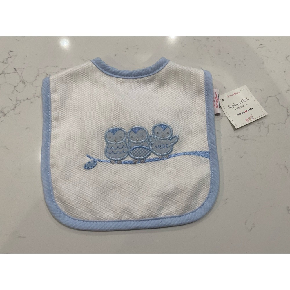 NWT Smocked Boutique Baby Bib Blue Embroidered Owl Baby Shower Gift Heirloom